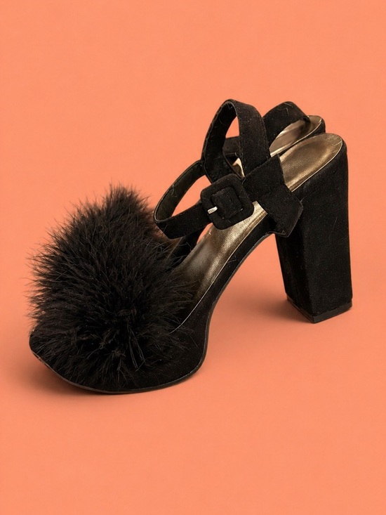 SHEIN Shoes - Black Suede Faux Fur Pom-Pom Block Heel Sandals